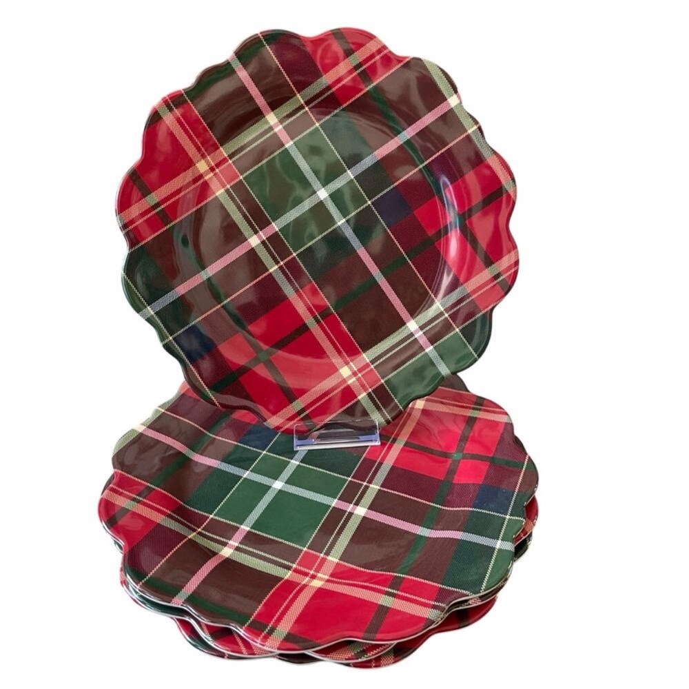 Tommy Bahama 11” Melamine Dinner Plates Scalloped Tartan Plaid Holiday 2 SETS